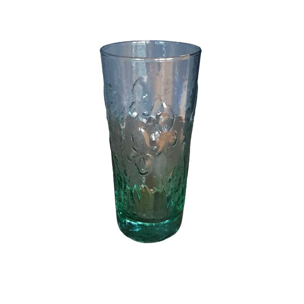 Molded Embossed Iris Floral Weighted Bottom Pale Emerald Green Tumbler Vintage